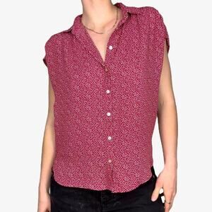 Loft red white polka dot heart flowy button up short sleeve blouse